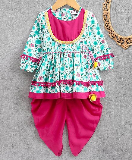 M'andy Full Sleeves Flower Print Kurti With Dhoti - White & Blue