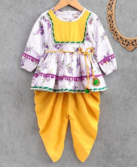 M'andy Full Sleeves Flower Print Kurti With Dhoti - Purple