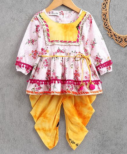 M'andy Full Sleeves Flower Print Yok Kurti With Dhoti - Pink