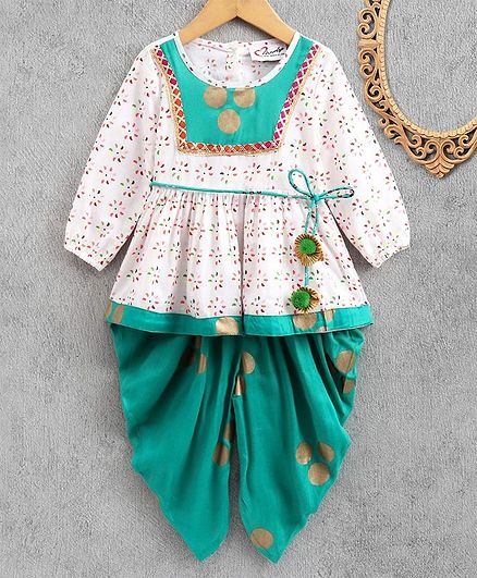 M'andy Full Sleeves Flower Print Yok Kurti With Foil Dhoti - White