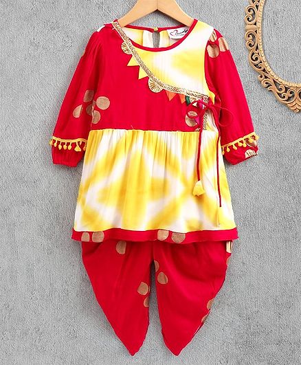 M'andy Full Sleeves Printed Angrakha Kurti With Dhoti - Yellow