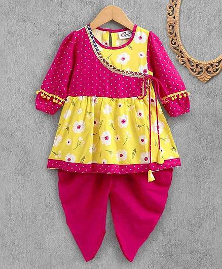 M'Andy Three Fourth Sleeves Angrakha Kurta With Dhoti - Yellow & Pink