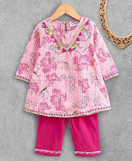 M'Andy Full Sleeves Floral Print Kurta & Palazzo Set - Pink