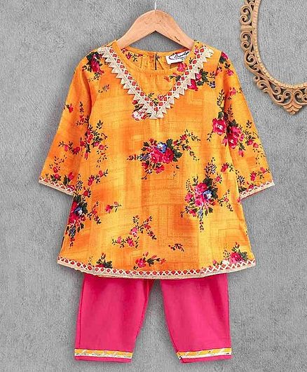 M'Andy Full Sleeves Floral Print Kurta & Palazzo Set - Yellow