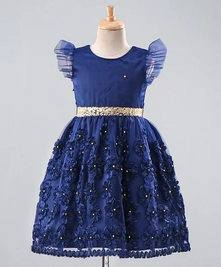 Pspeaches Cap Sleeves Flower Lace Detailing Dress - Navy Blue