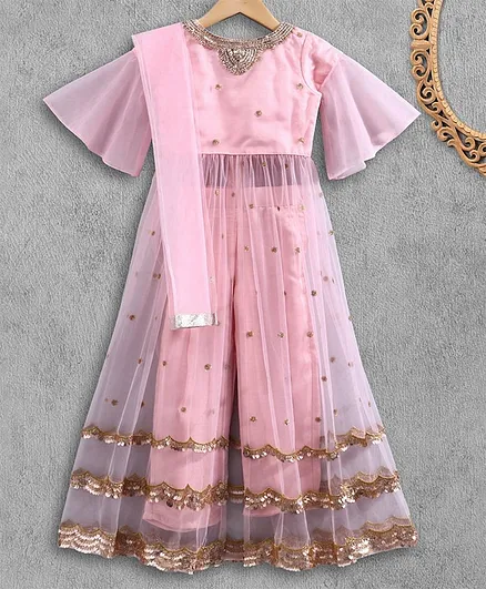 Babyhug Half Sleeves Full Length Kurta With Pants & Dupatta - Light Pink