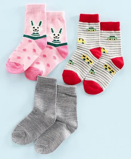 Model Mid Calf Length Wollen Winter Socks Bunny Design Pack of 3 - Pink Grey