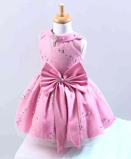 Enfance Sleeveless Pearl & Glitter Detailing Bow Applique Fit & Flared Gown - Pink