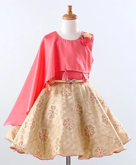 Enfance Sleeveless Golden Foil Print & Flower Embellished Fit & Flared Dress - Pink
