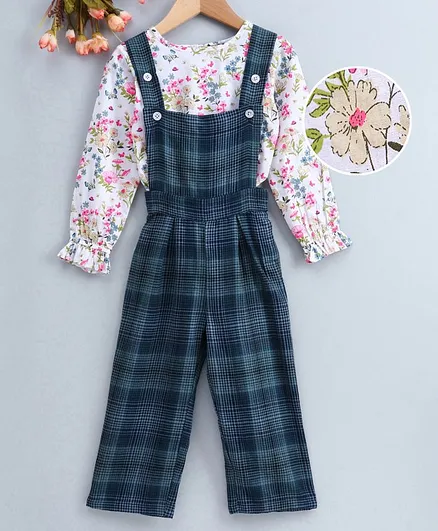 Pspeaches Full Sleeves Top With Checked Dungaree - Blue