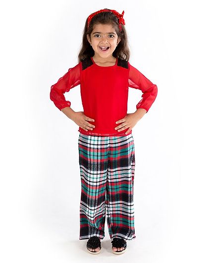 Pspeaches Full Sleeves Top With Checked Pants Set - Multicolor