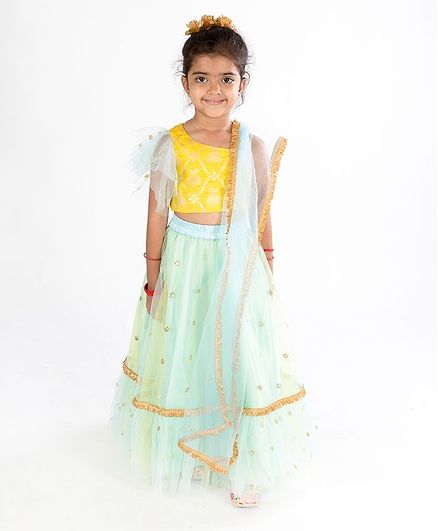 Pspeaches Short Sleeves Brocade Choli With Sequin Flared Lehenga - Yellow & Blue