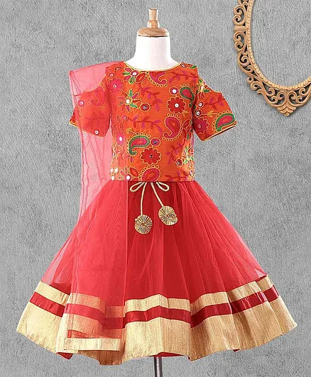 The KidShop Half Sleeves Embroidered Choli With Lehenga & Dupatta - Orange & Red