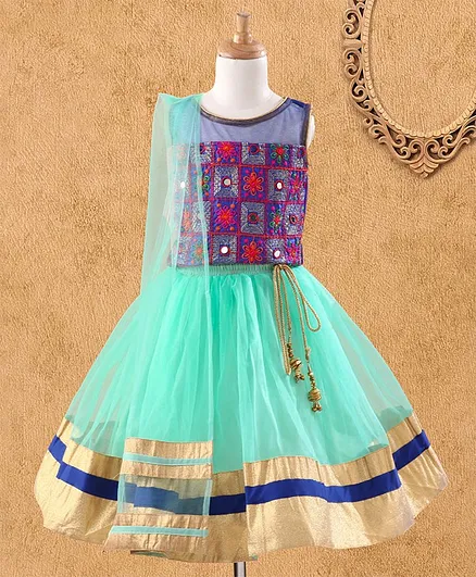 The KidShop Sleeveless Mirror Work Choli With Lehenga & Dupatta - Royal Blue & Mint Green