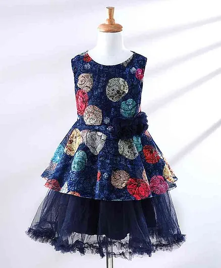 The KidShop Sleeveless Autumn Leaves Printed Tulle Flared Dress - Navy Blue