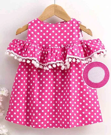 The KidShop Half Sleeves Cold Shoulder Polka Dot Dress - Fuchsia