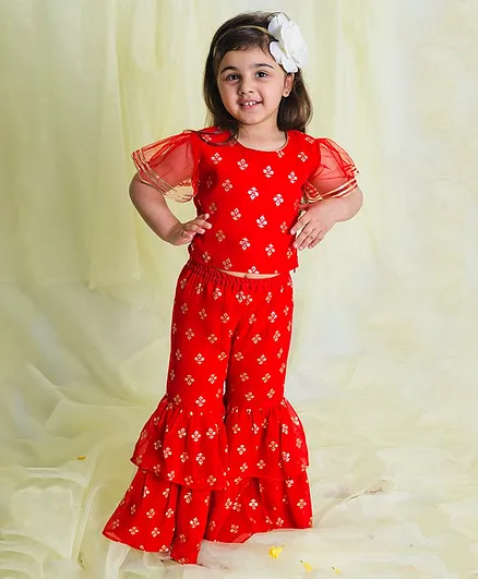 Saka Designs Floral Printed Short Sleeves Top & Bell Bottoms - Red