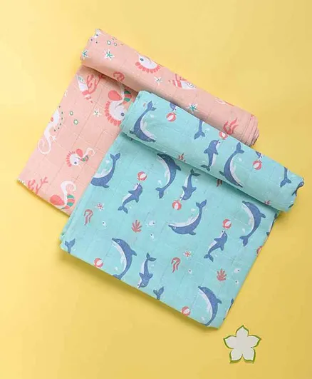 Kaarpas Ocean Dive Large Organic Muslin Swaddles Pack of 2 Large - Blue Pink