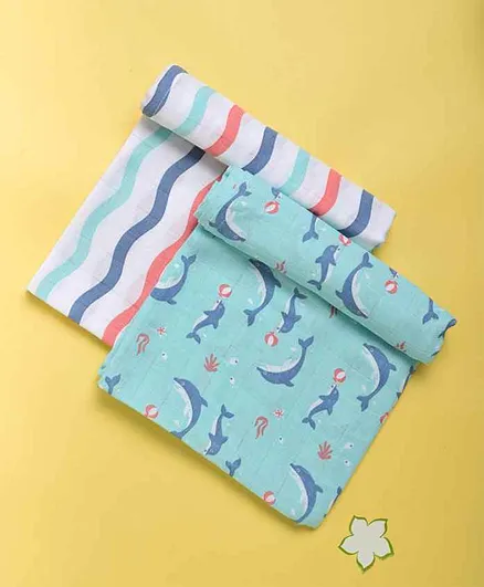 Kaarpas Ocean Dive Large Organic Muslin Swaddles Pack of 2 Large - Blue Pink