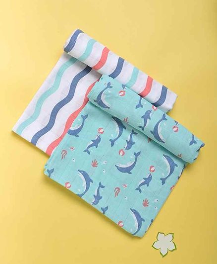 Kaarpas Ocean Dive Organic Muslin Swaddle Dolphin & Dreamy Waves Small Pack of 2 - Blue