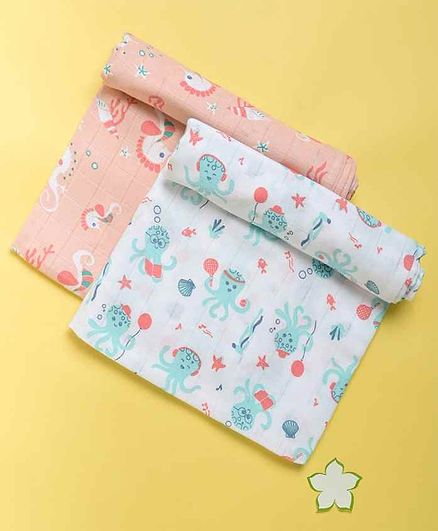 Kaarpas Ocean Dive Organic Muslin Swaddle Octopus & Seahorse Large Pack of 2 - White Peach