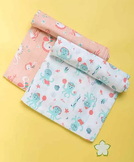 Kaarpas Ocean Dive Organic Muslin Swaddle Octopus & Seahorse Small Pack of 2 - White Peach