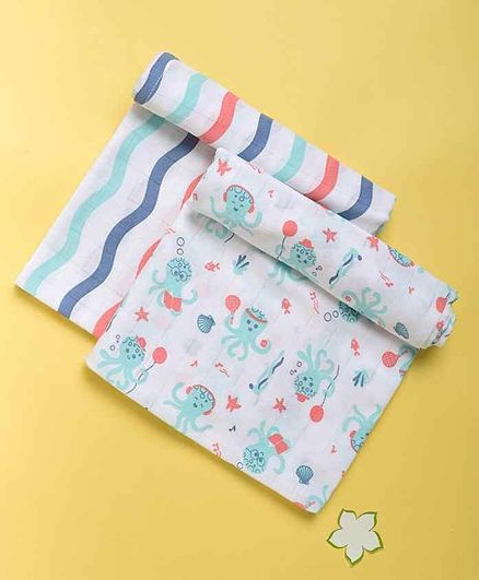 Kaarpas Ocean Dive Organic Muslin Swaddle Octopus & Dreamy Waves Large Pack of 2 - Blue