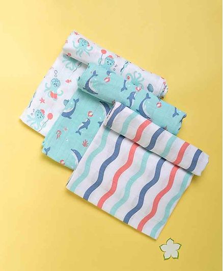 Kaarpas Ocean Dive Large Organic Muslin Swaddles Pack of 3 - White Green