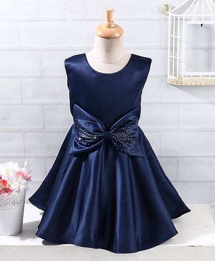 Twetoons Sleeveless Party Wear Frock with Studded Bow - Navy Blue