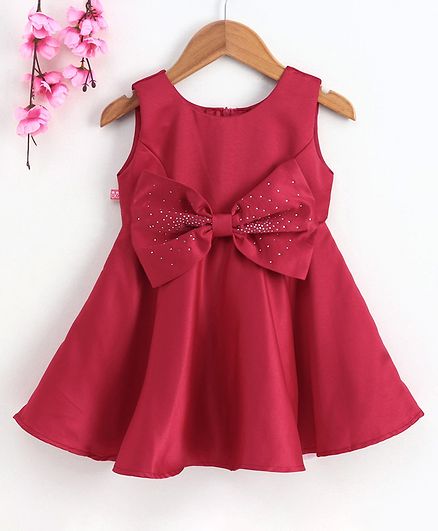 Twetoons Sleeveless Party Wear Frock with Studded Bow - Maroon
