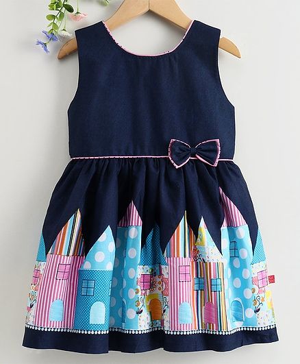 Twetoons Sleeveless Frock House Print - Navy & Light Blue