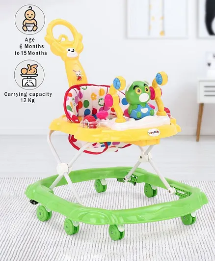 Baby Walker With Toy Try & Parental Push Handle - Green Yellow