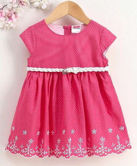 Babyhug Short Sleeves Printed Frock with Waist Belt & Schiffli Border - Pink