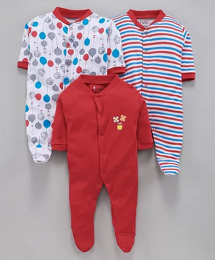 Bumzee Pack Of 3 Full Sleeves Striped & Balloon Printed Sleep Suits - Red & White