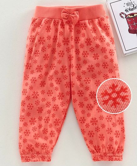 Babyhug Full Length Lounge Pants Snowflakes Print - Coral