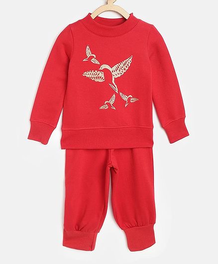 Pspeaches Full Sleeves Shimmery Bird Print Sweatshirt With Bottom Set - Red