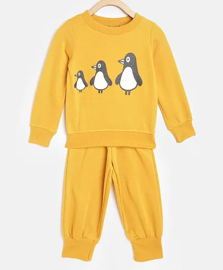 Pspeaches Full Sleeves Penguin Print Sweatshirt With Bottom Set - Mustard