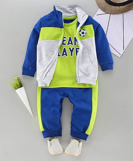 Babyhug Tee & Lounge Pant with Full Sleeves Jacket Set Text Print - Blue Green
