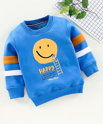 Stupid Cupid Smiley Print Full Sleeves Sweatshirt - Blue