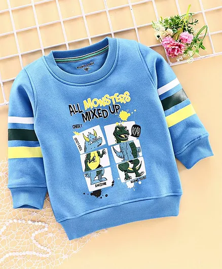 Stupid Cupid Monsters Print Full Sleeves Round Neck Sweatshirt - Blue