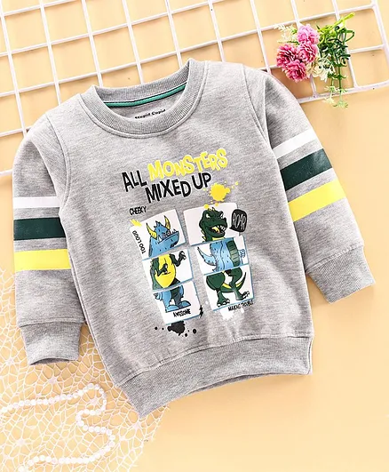 Stupid Cupid Monsters Print Full Sleeves Sweatshirt - Grey