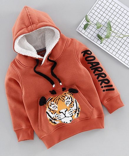Stupid Cupid Lion Print Full Sleeves Hoodie - Rust
