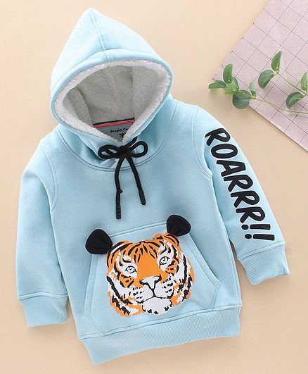 Stupid Cupid Lion Print Full Sleeves Hoodie - Blue
