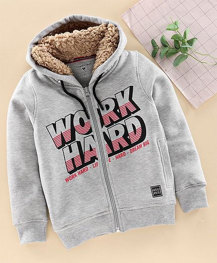 Stupid Cupid Work Hard Print Full Sleeves Hooded Jacket - Grey