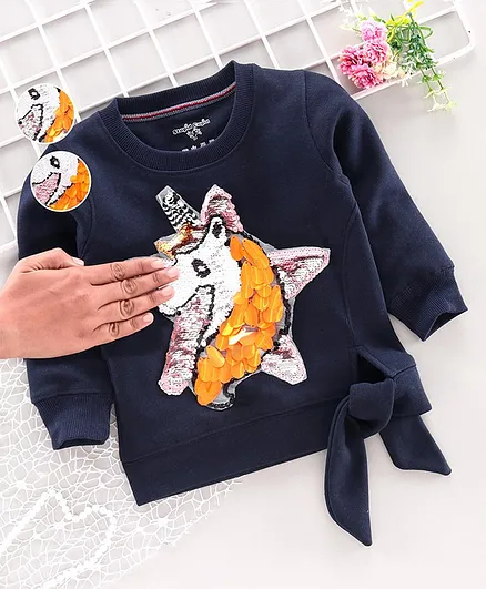 Stupid Cupid Unicorn Sequin Full Sleeves Sweatshirt - Navy