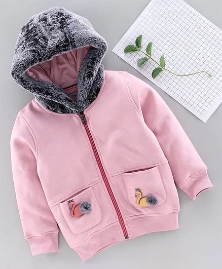 Stupid Cupid Full Sleeves Flamingo Applique Hooded Jacket - Pink