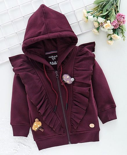 Stupid Cupid Frills Detailed Full Sleeves Hooded Jacket - Burgundy