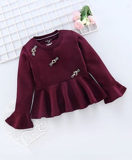 Stupid Cupid Beads Embellished Full Sleeves Peplum Style Sweatshirt - Burgundy