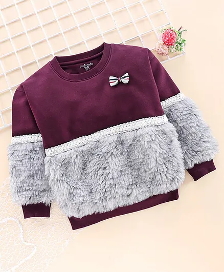 Stupid Cupid Faux Fur Detailing Full Sleeves Sweatshirt - Burgundy