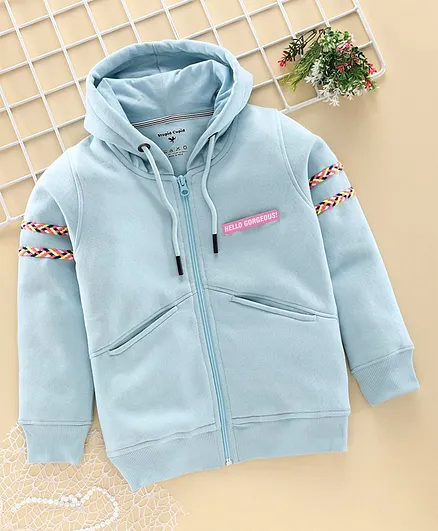 Stupid Cupid Lace Detailed Full Sleeves Hooded Jacket - Blue